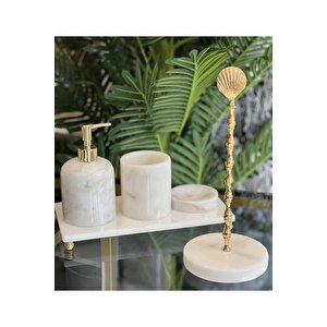Asude- Gold Top Detayli Beyaz Mermer Banyo Seti̇- 5 Parça