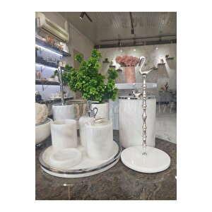 Kuğu - Doğal Beyaz Mermer Banyo Seti | 10lu | Mermer Havlu Kasesi | Mermer Kuğu Havluluk |silver|