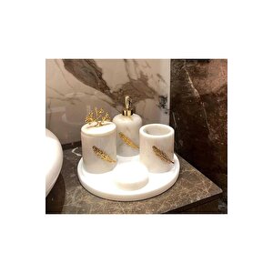 Beyaz Mermer Banyo Seti 5 Parça Gold Yaprak Detaylı