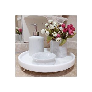Doğal Beyaz Üzeri Gri Geçişli Mermer Banyo Seti Ayaklı 4lü Takım