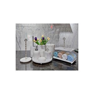 Beyaz Mermer Banyo Seti̇- Katli Havluluk-10 Parça- Gümüş Detayli
