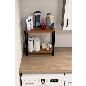 2 Katlı Ahşap Ve Metal Banyo Düzenleyici Raf, Lavabo – Çamaşır Makinesi Üstü Çok Amaçlı Organizer