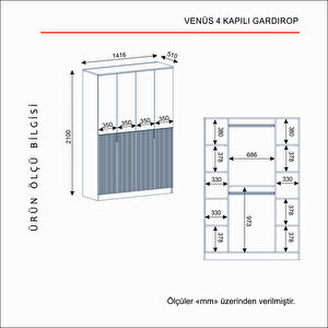 Venüs 4 Kapakli Bazali Gardirop Tamami Mdf, Antrasit Antrasit