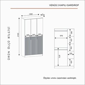 Venüs 3 Kapakli Bazali Gardirop Tamami Mdf, Beyaz Beyaz