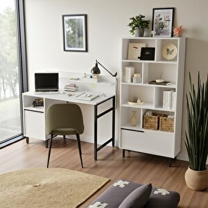 Genç Çalışma Masası & Kitaplık 2'li Set Beyaz Beyaz