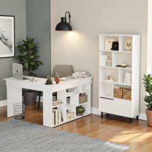 Çalışma Masası & Kitaplık 2'li Set Beyaz Beyaz