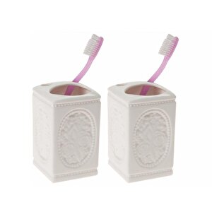 İki Adet Seramik Diş Fırçalık Çiçekli Kare Model 8x8x11cm Banyo Seti