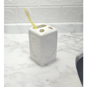 İki Adet Seramik Diş Fırçalık Çiçekli Kare Model 8x8x11cm Banyo Seti