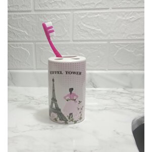 İki Adet Seramik Diş Fırçalık Eyfel Kulesi Model 7x7x11cm Banyo Seti