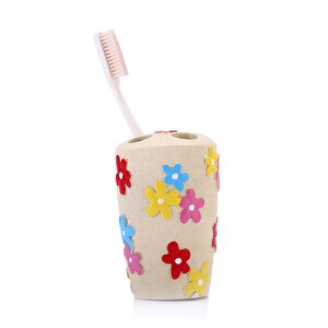 İki Adet Diş Fırçalık Renkli Papatyalı Poliresin 5x5x11cm Banyo Seti