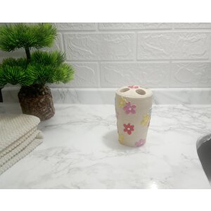 İki Adet Diş Fırçalık Renkli Papatyalı Poliresin 5x5x11cm Banyo Seti