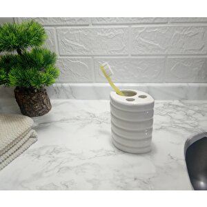İki Adet Seramik Diş Fırçalık Oval Çizgili Model 9x6x11cm Banyo Seti