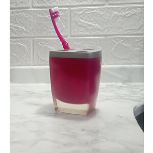 İki  Adet Diş Fırçalık Gri Pembe Poliresin 8x4x11cm Banyo Seti