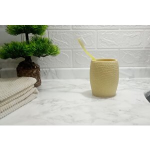 İki Adet Diş Fırçalık,macunluk Sarı Petek Desenli Poliresin 8x8x10cm 400ml Banyo Seti