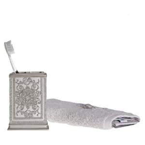 İki Adet Diş Fırçalık Dekoratif İşlemeli Gümüş Poliresin 8x6x11cm
