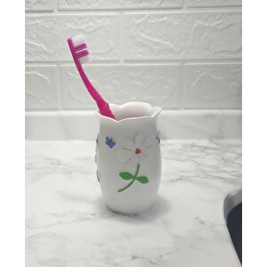 İki Adet Diş Fırçalık,macunluk Çiçekli Poliresin  7x7x10cm Banyo Seti
