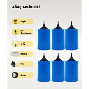 Hazır Set Kot Mavi Silindir Ağaç Feneri - 6 Adet (gün Işığı Ampul, Kablo, Fiş Ve Bant Dahil)