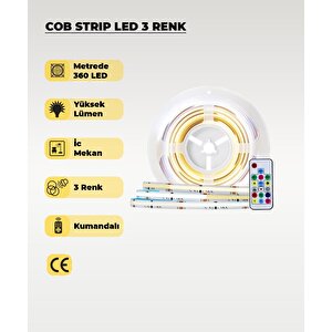 12v Cob Şerit Led 3 Renk Işık  -kumandalı- Metrede 360 Led - 5 Metre