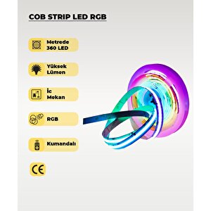 12v Cob Şerit Led Rgb  - Kumandalı - Metrede 360 Led - 5 Metre