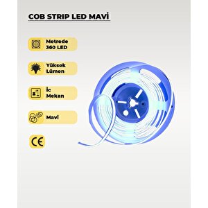 12v Cob Şerit Led Mavi Işık  - Metrede 360 Led - 5 Metre