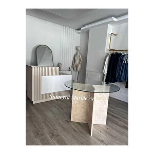 Traverten Ayakli Cam Masa- Yuvarlak Form-temperli̇ Cam