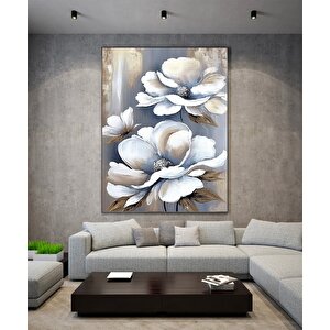 Beyaz Çiçek Kanvas Sanatı; Çiçek Duvar Dekoru; Çiçek Duvar Sanatı; Altın Kanvas Baskı; Doğal Lüks Du 90x150 cm