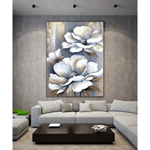 Beyaz Çiçek Kanvas Sanatı; Çiçek Duvar Dekoru; Çiçek Duvar Sanatı; Altın Kanvas Baskı; Doğal Lüks Du 80x120 cm