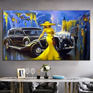 Sarı Elbiseli Kadın Tablosu; Modern Sanat; Nostaljik Araba Duvar Dekoru; Yaşlı Kadınlı Klasik Araba 60x90 cm
