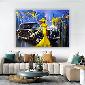 Sarı Elbiseli Kadın Tablosu; Modern Sanat; Nostaljik Araba Duvar Dekoru; Yaşlı Kadınlı Klasik Araba