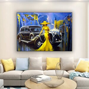 Sarı Elbiseli Kadın Tablosu; Modern Sanat; Nostaljik Araba Duvar Dekoru; Yaşlı Kadınlı Klasik Araba