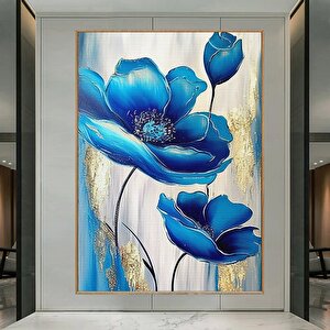 Mavi Çiçekler Kanvas Sanatı, Çiçek Duvar Dekoru, Çiçek Desenli Duvar Sanatı, Altın Kanvas Baskı