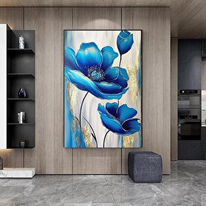 Mavi Çiçekler Kanvas Sanatı, Çiçek Duvar Dekoru, Çiçek Desenli Duvar Sanatı, Altın Kanvas Baskı