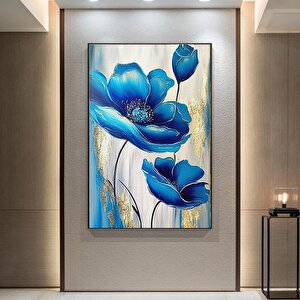 Mavi Çiçekler Kanvas Sanatı, Çiçek Duvar Dekoru, Çiçek Desenli Duvar Sanatı, Altın Kanvas Baskı 90x150 cm