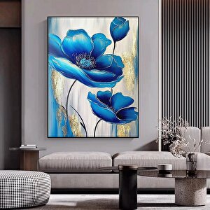 Mavi Çiçekler Kanvas Sanatı, Çiçek Duvar Dekoru, Çiçek Desenli Duvar Sanatı, Altın Kanvas Baskı 90x150 cm