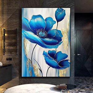 Mavi Çiçekler Kanvas Sanatı, Çiçek Duvar Dekoru, Çiçek Desenli Duvar Sanatı, Altın Kanvas Baskı