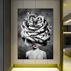 Çiçekli Kadın Kanvası; Soyut Çiçek Kadın Tablosu; Gül Başlı Kadın Sanatı; Çiçek Tablosu; Kadın Sanat 90x180 cm