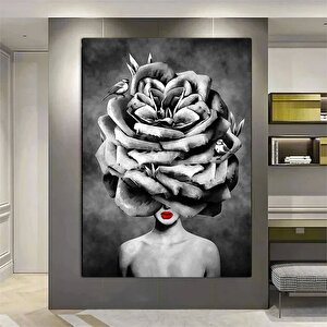 Çiçekli Kadın Kanvası; Soyut Çiçek Kadın Tablosu; Gül Başlı Kadın Sanatı; Çiçek Tablosu; Kadın Sanat 90x180 cm