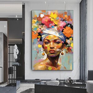 Kadın Çiçek Portresi; Göklerden İlhamlı; Çiçek Başlı Kadın Tablosu; Moda Sanatı 50x70 cm