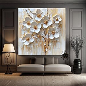 3d Görünümlü Çiçek Kanvas Resmi; Büyük Çiçek Duvar Sanatı; Krem Beyaz Minimalist Çiçek Sanatı; Moder 50x50 cm