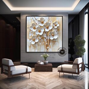 3d Görünümlü Çiçek Kanvas Resmi; Büyük Çiçek Duvar Sanatı; Krem Beyaz Minimalist Çiçek Sanatı; Moder 50x50 cm