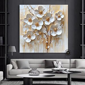 3d Görünümlü Çiçek Kanvas Resmi; Büyük Çiçek Duvar Sanatı; Krem Beyaz Minimalist Çiçek Sanatı; Moder 120x120 cm