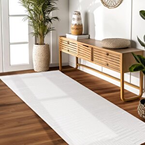 Kabartmalı Yumuşak Geometrik Desenli İskandinav Bohem Tarzı Halı Krem Tonlarında 80x350 cm