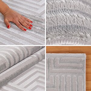 Kabartmalı Yumuşak Geometrik Desenli İskandinav Bohem Tarzı Halı Gümüş Tonlarında 80x200 cm