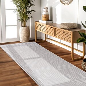 Kabartmalı Yumuşak Geometrik Desenli İskandinav Bohem Tarzı Halı Gümüş Tonlarında 80x200 cm