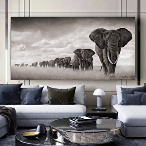 Geniş Panoramik Kanvas Baskılar, Siyah Beyaz Modern Giclée Sanat, Fil Ailesi Oturma Odası Dekoru 30x60 cm