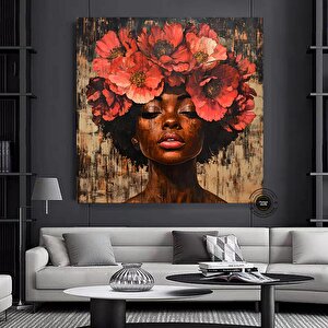 Çiçekli Afrikalı Kadın Portresi, Renkli Soyut Afrikalı Kadın Sanatı 80x80 cm