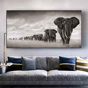 Geniş Panoramik Kanvas Baskılar, Siyah Beyaz Modern Giclée Sanat, Fil Ailesi Oturma Odası Dekoru 20x40 cm