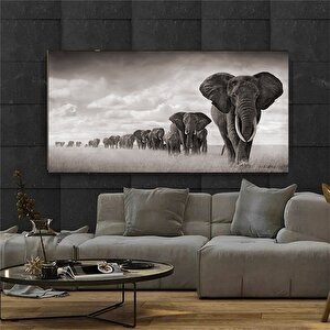 Geniş Panoramik Kanvas Baskılar, Siyah Beyaz Modern Giclée Sanat, Fil Ailesi Oturma Odası Dekoru 20x40 cm