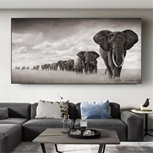 Geniş Panoramik Kanvas Baskılar, Siyah Beyaz Modern Giclée Sanat, Fil Ailesi Oturma Odası Dekoru