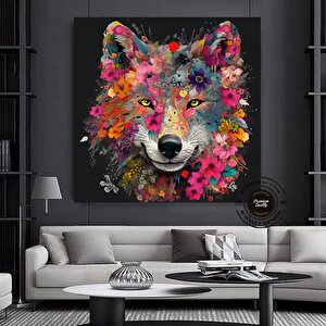 Beyaz Kurt Portresi Kanvas – Çiçek Taclı Kurt Sanatı 60x60 cm